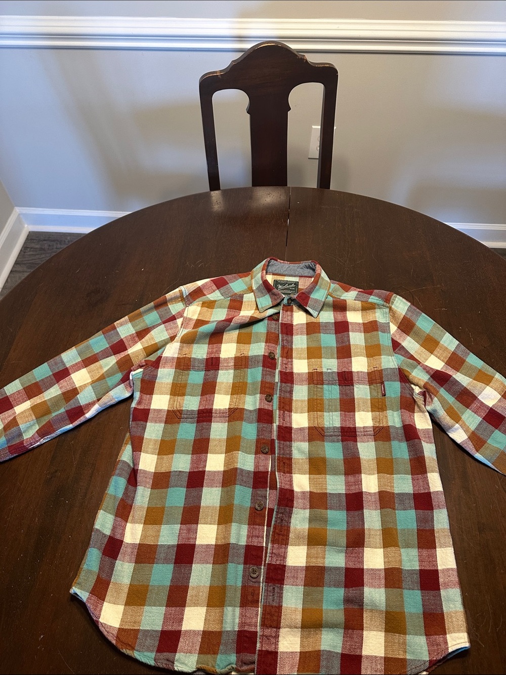 Men's Woolrich Plaid Button-Up Flannel in Burgundy, Teal & Tan
